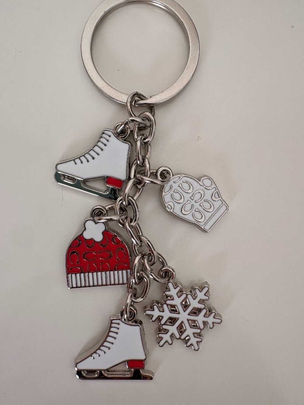 Coach Winter Ice Skate Snowflake Charm Keychain Bag Charm Silver Enamel